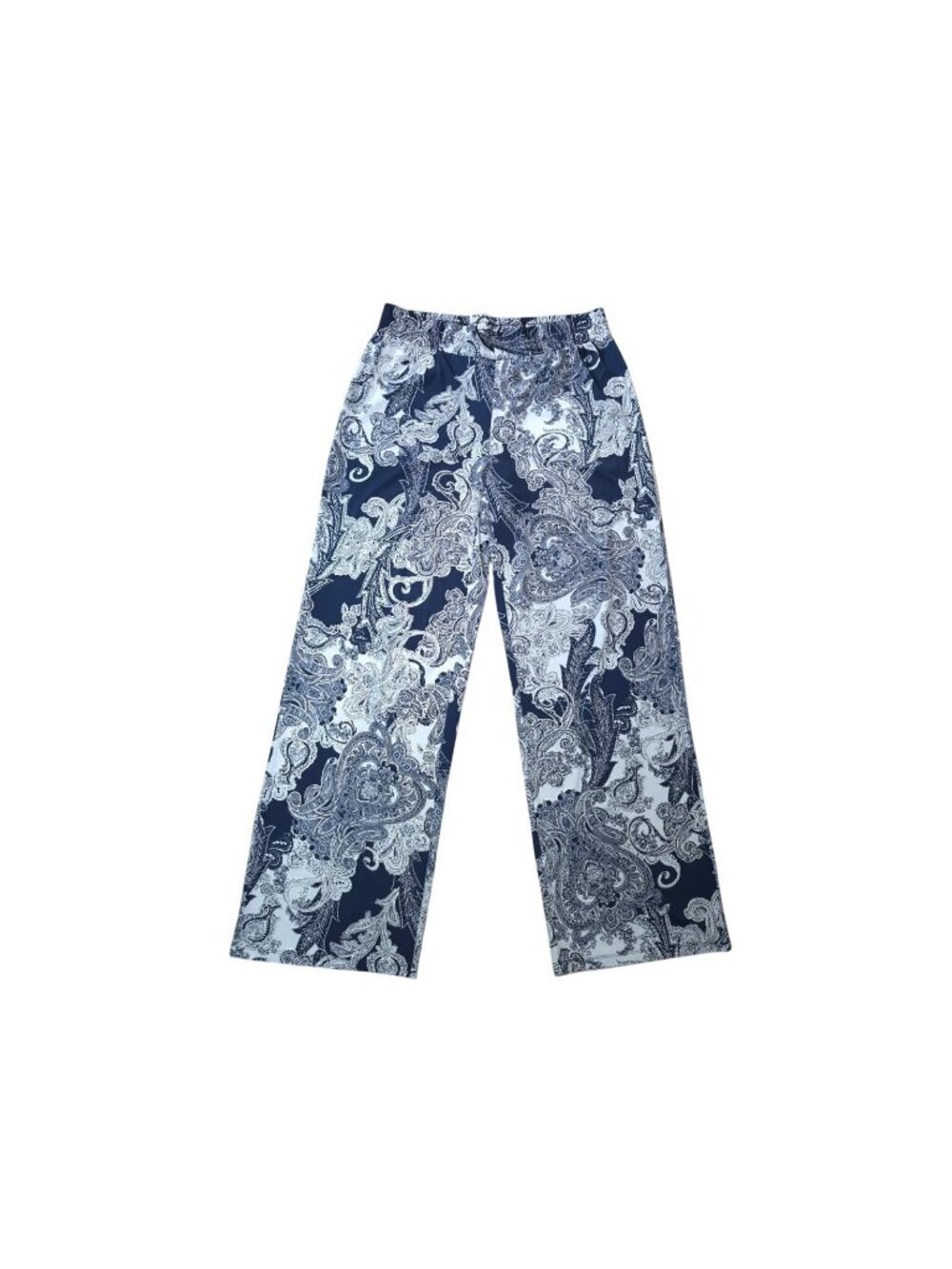 IMAN Blue White Paisley Wide Leg Pants Womens Size L Stretch Pull-On Pants.